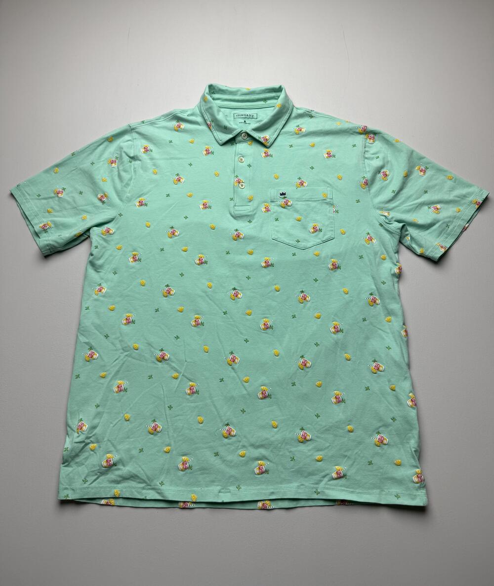 Crown & Ivy Polo Shirt Mens Medium Green Tropical Drink Graphic Pocket Knit